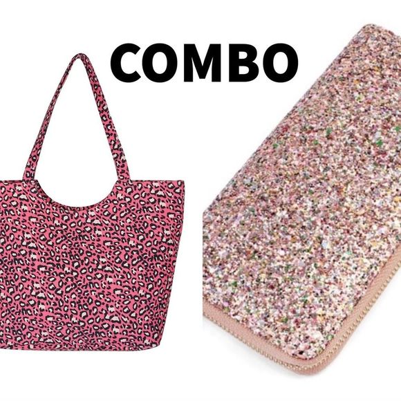 Pink Leopard Tote / Pink Glitter Wallet Combo - Picture 1 of 11